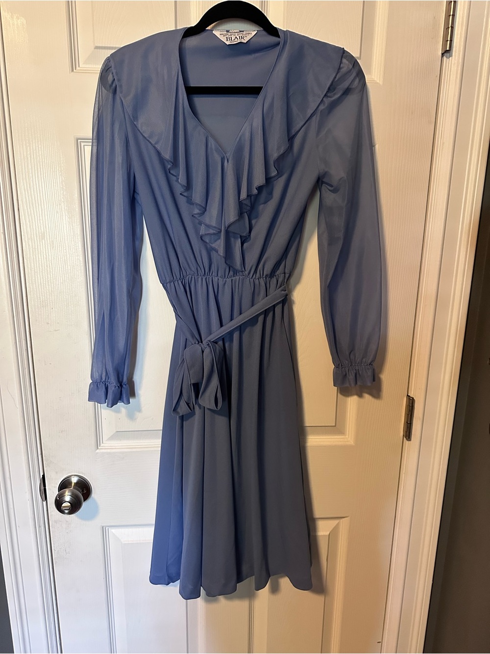 Vintage 70s Blair Periwinkle Ruffle V-Neck Long Sleeve Dress